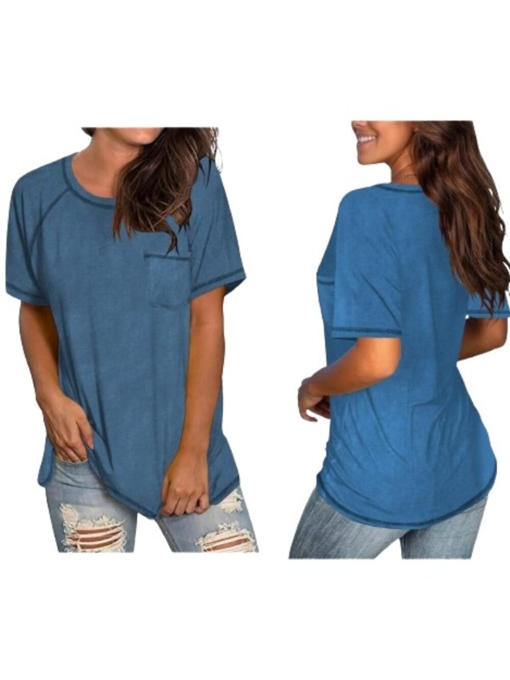 Blue Casual Pocket Tee Raglan Short Sleeves Solid